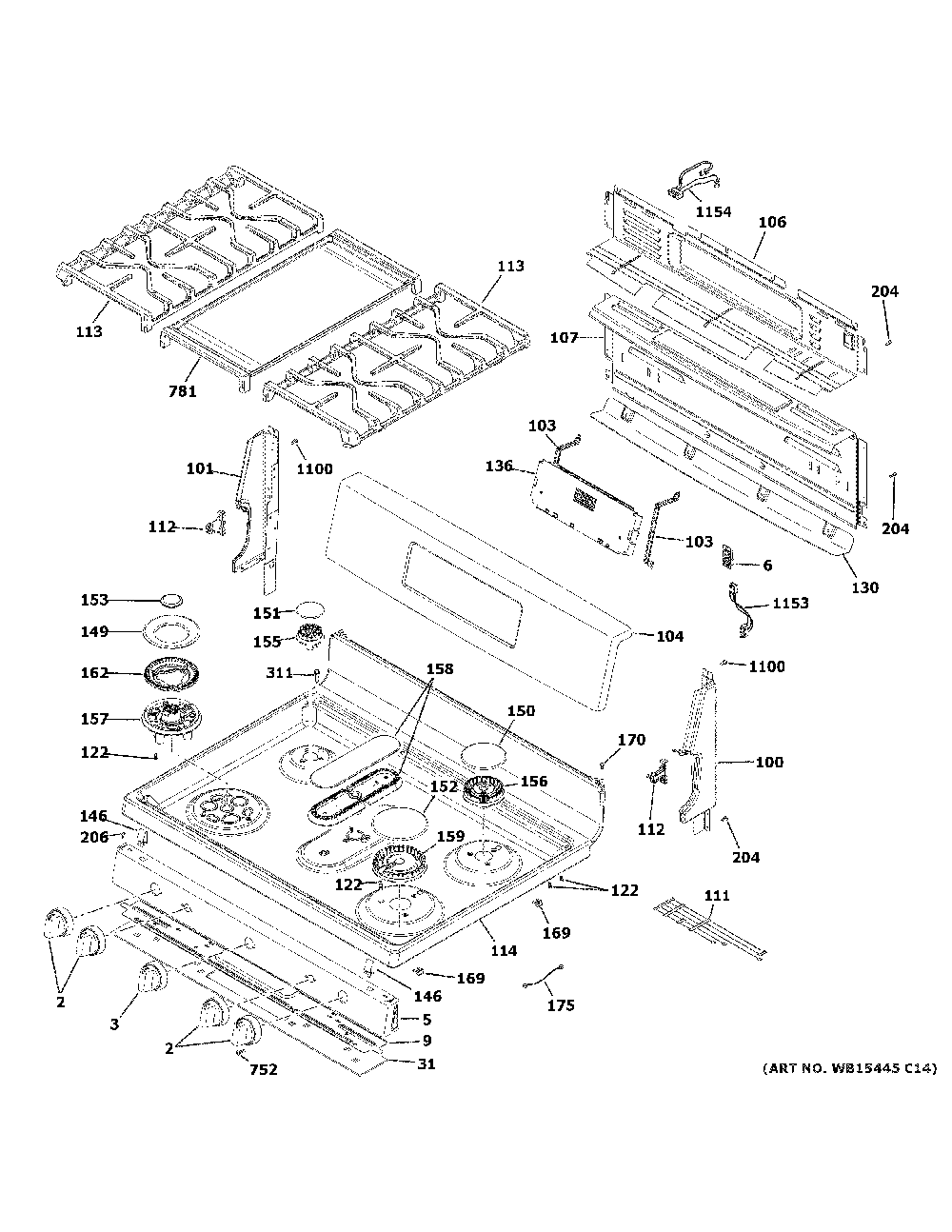 Control Panel And Cooktop Diagram and Parts List for P2B935YP2FS  General Electric Range