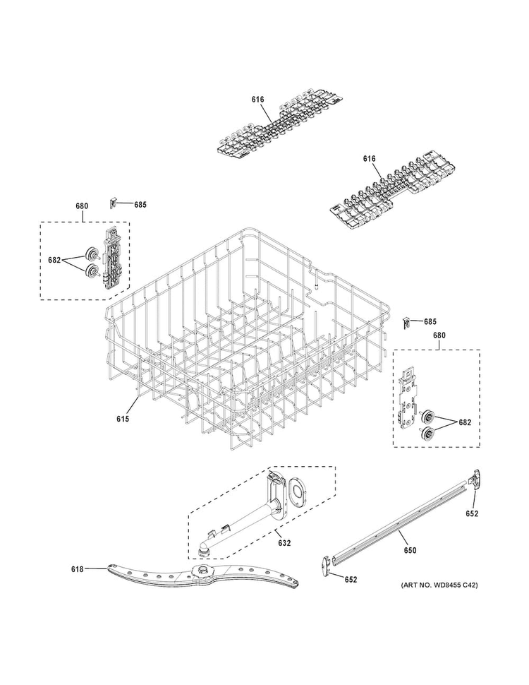 Upper Rack Assembly Diagram and Parts List for GDF520PGD4BB  General Electric Dishwasher