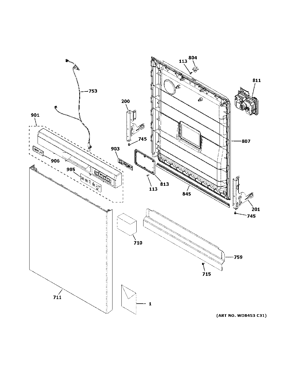 Escutcheon And Door Assembly Diagram and Parts List for XDF350PGR1WW  General Electric Dishwasher