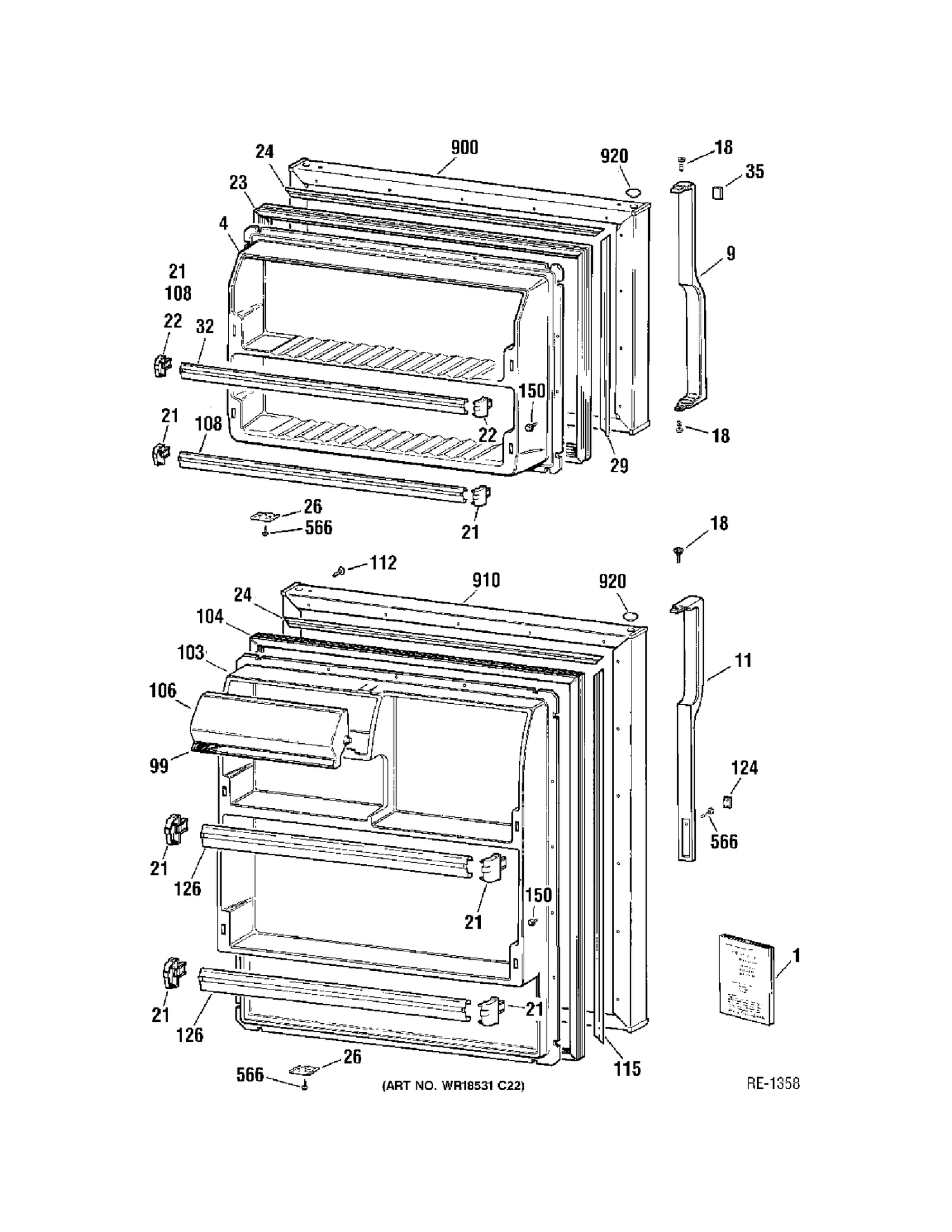 DOORS Diagram and Parts List for 38341FBMFRWW  General Electric Refrigerator