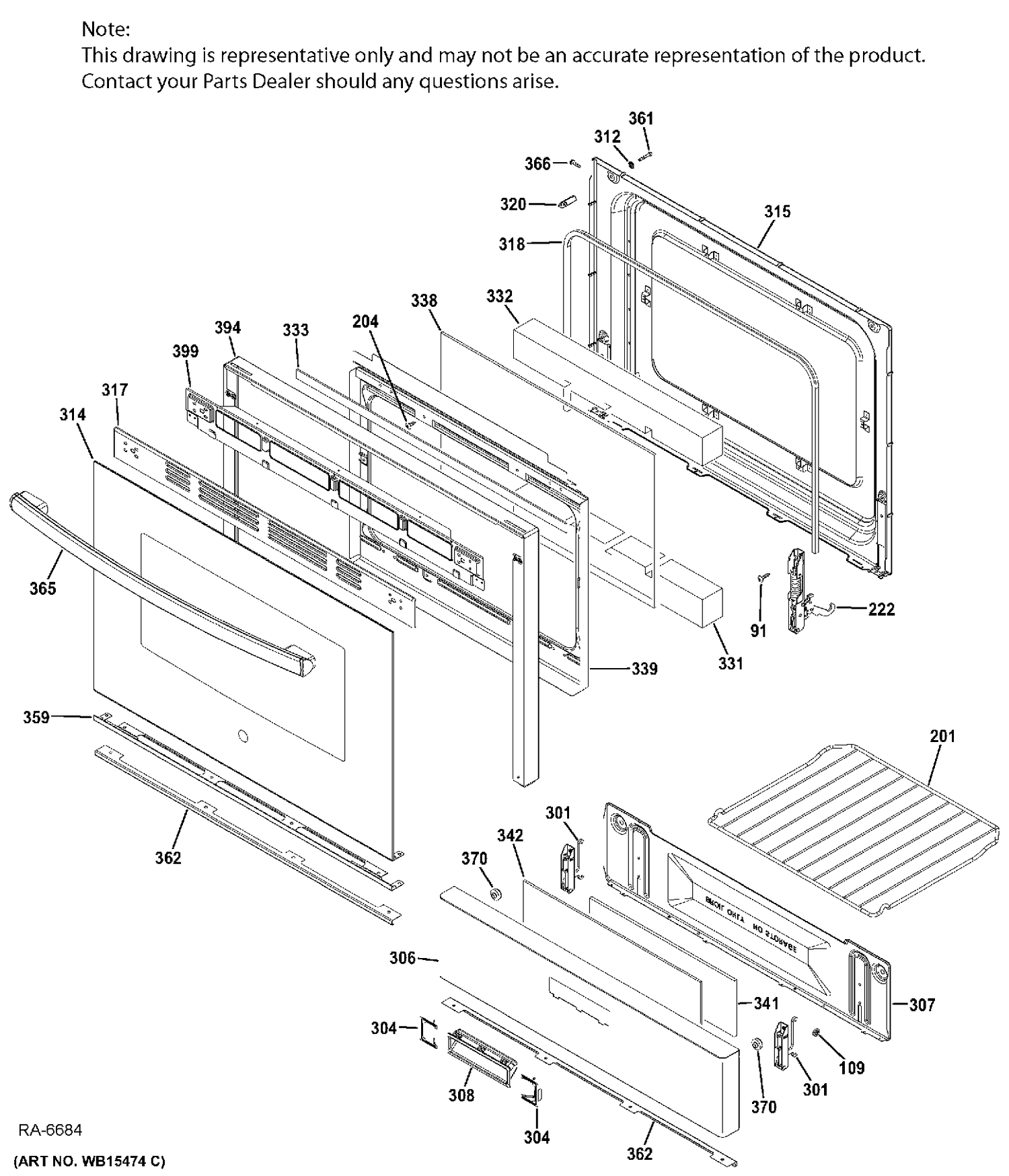 DOOR & DRAWER Diagram and Parts List for JCGBS66DEK1BB  General Electric Range