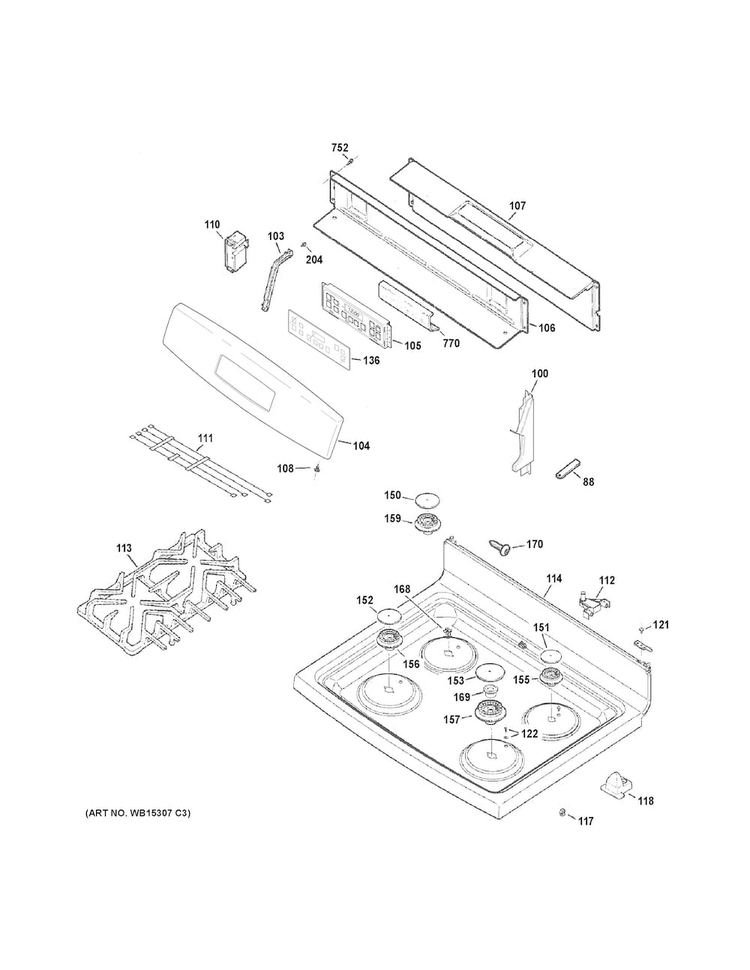 Control Panel & Cooktop Diagram and Parts List for JGB640DEF1WW  General Electric Range