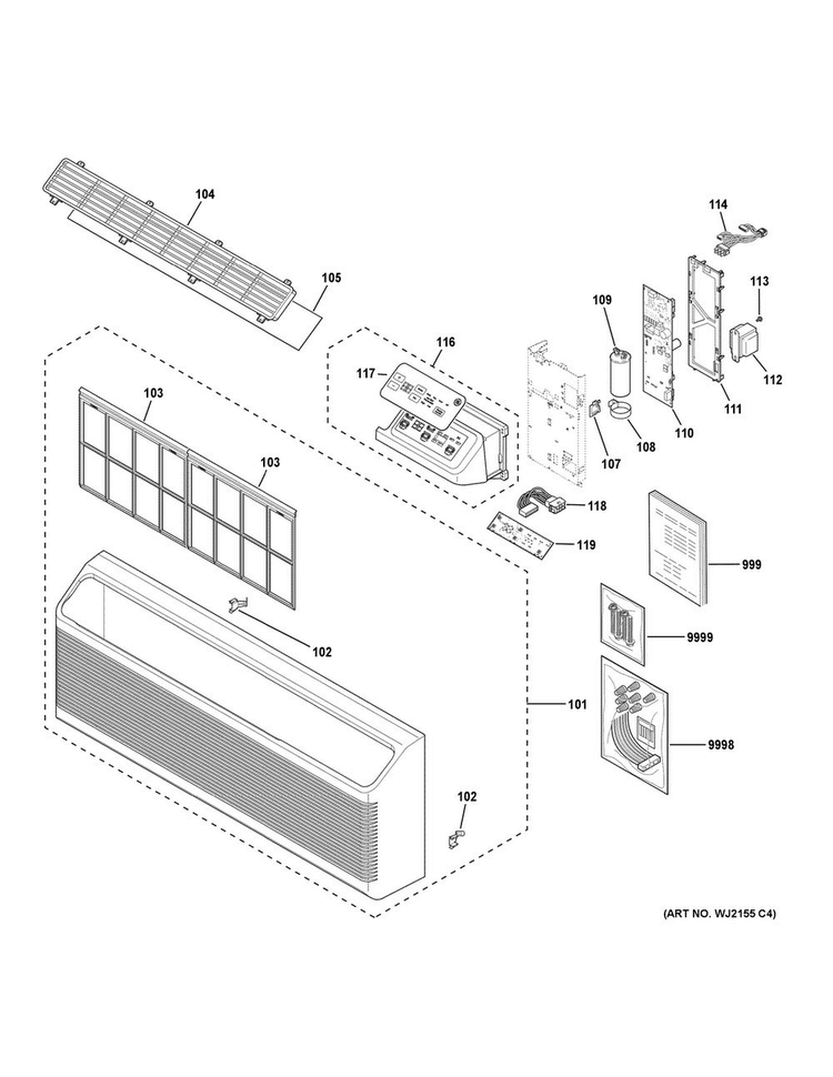 Grille & Control Parts Diagram and Parts List for AZ45E09DABW2  General Electric Air Conditioner