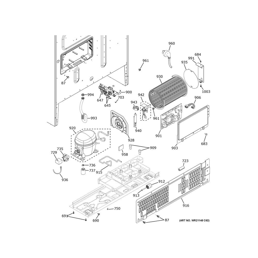 Machine Compartment Diagram and Parts List for ZWE23NSYBSS  General Electric Refrigerator