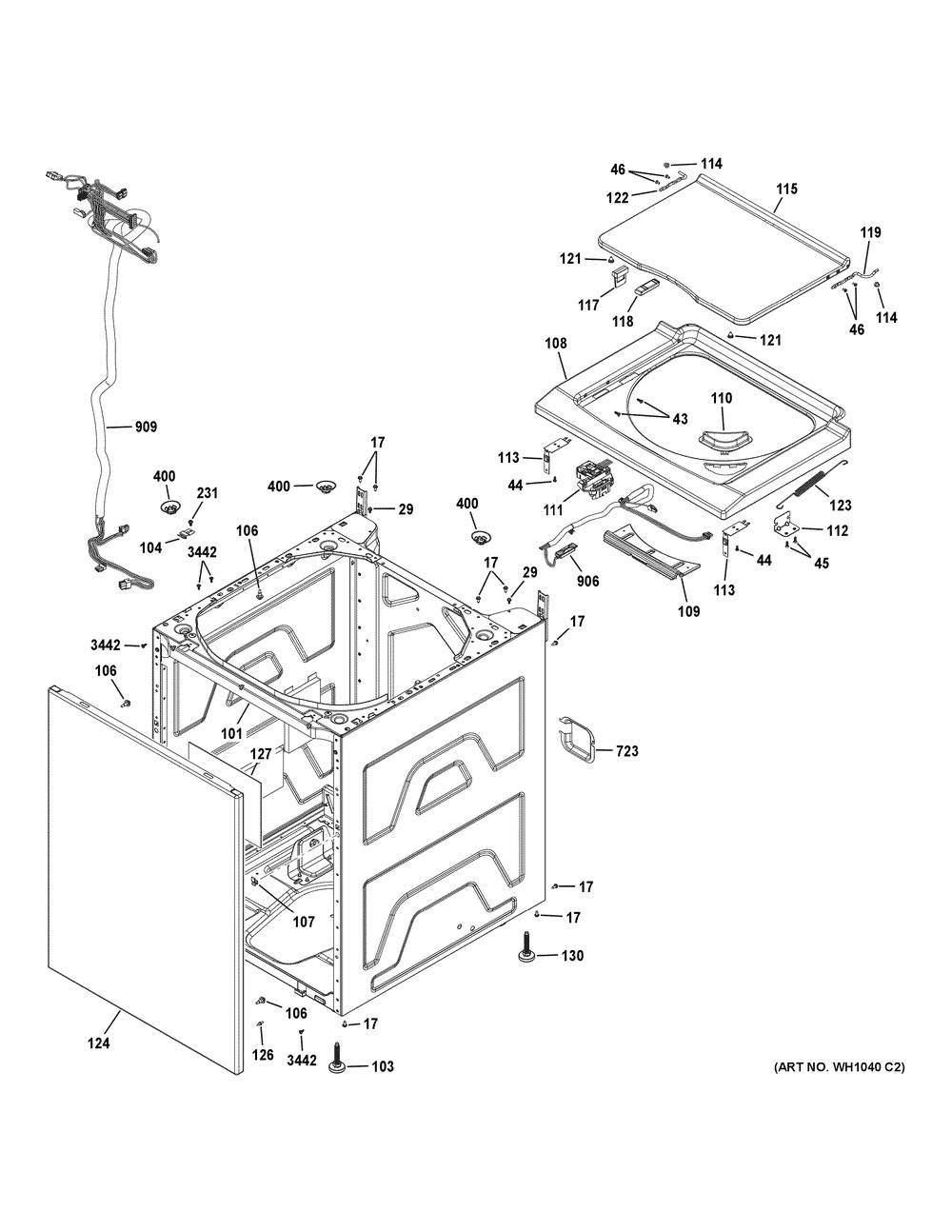 Washer Cabinet & Lid Diagram and Parts List for GUD24GSSM0WW  General Electric Washer Dryer Combo