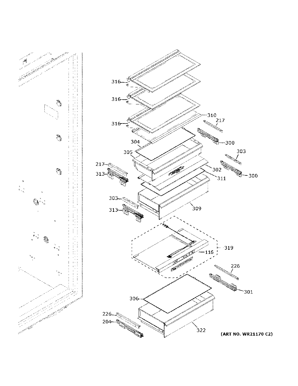 Shelves And Drawers Diagram and Parts List for ZIR301NPPBII  General Electric Refrigerator