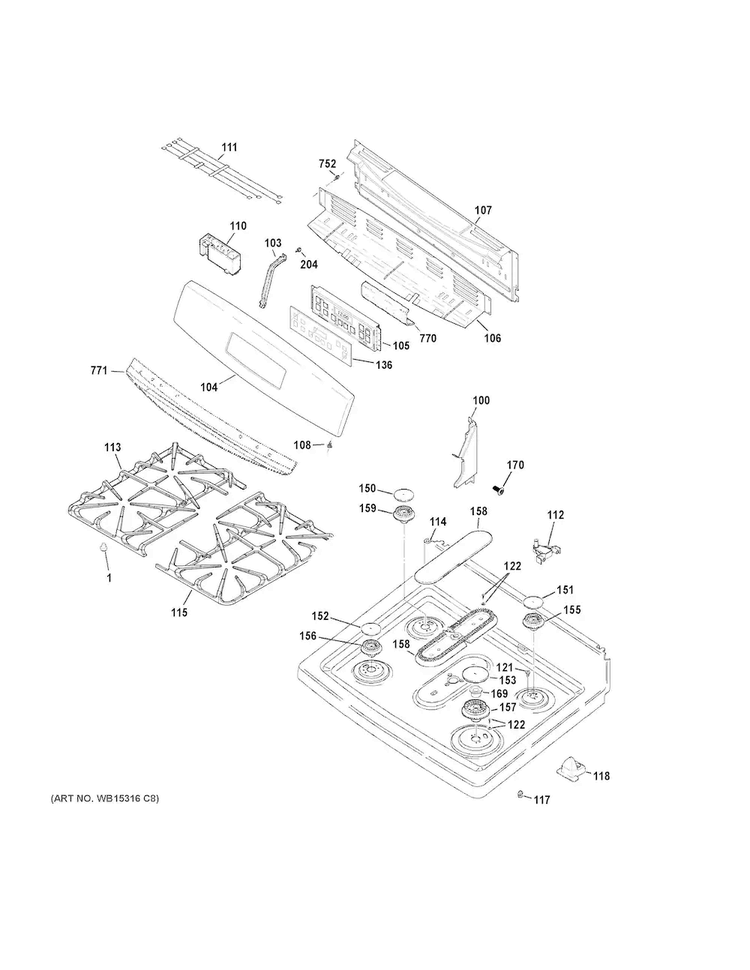 Control Panel & Cooktop Diagram and Parts List for JGB650EEF2ES  General Electric Range
