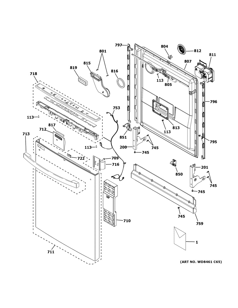 Escutcheon And Door Assembly Diagram and Parts List for GDT565SSN3SS  General Electric Dishwasher