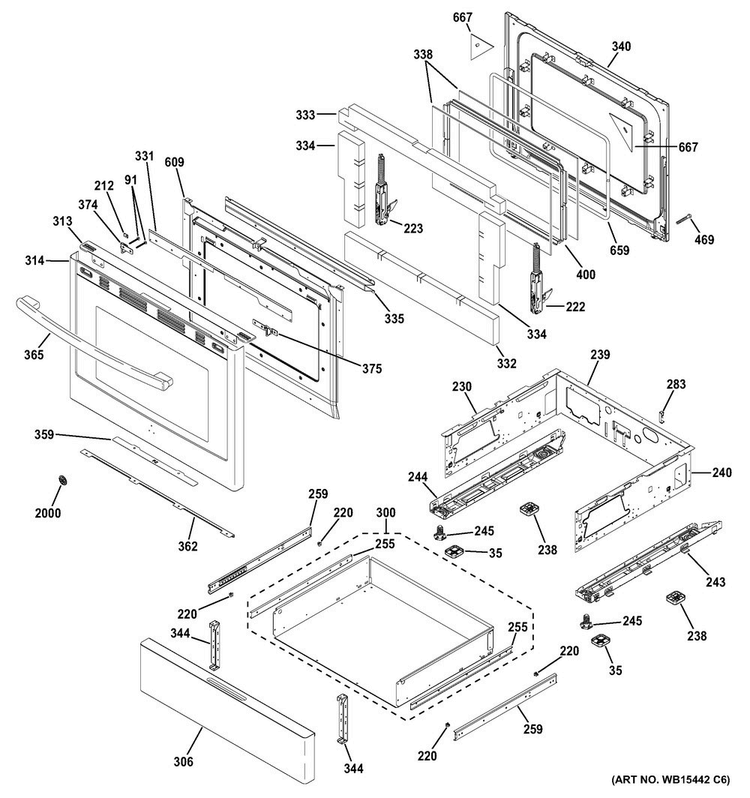 Door & Drawer Parts Diagram and Parts List for PGB911SEJ2SS  General Electric Range