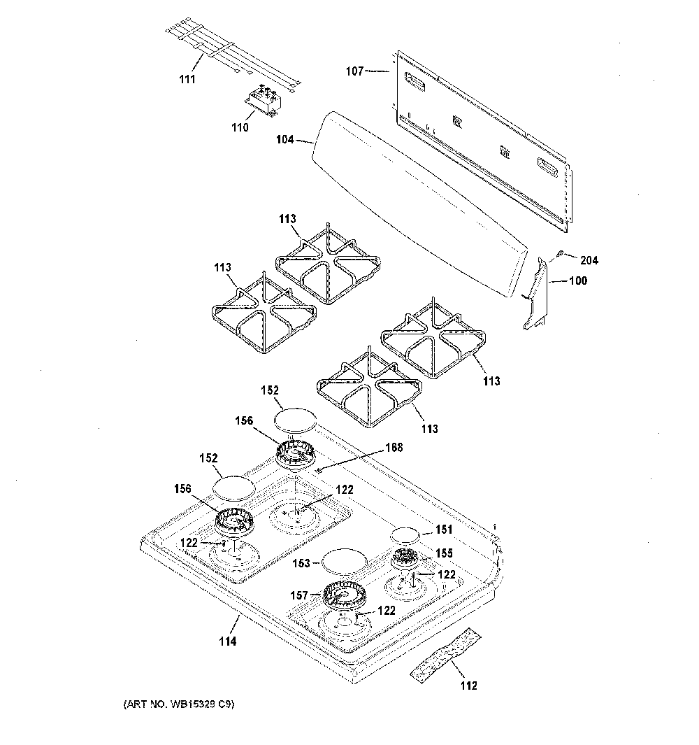 Control Panel And Cooktop Diagram and Parts List for JGBS30RET1SS  General Electric Range