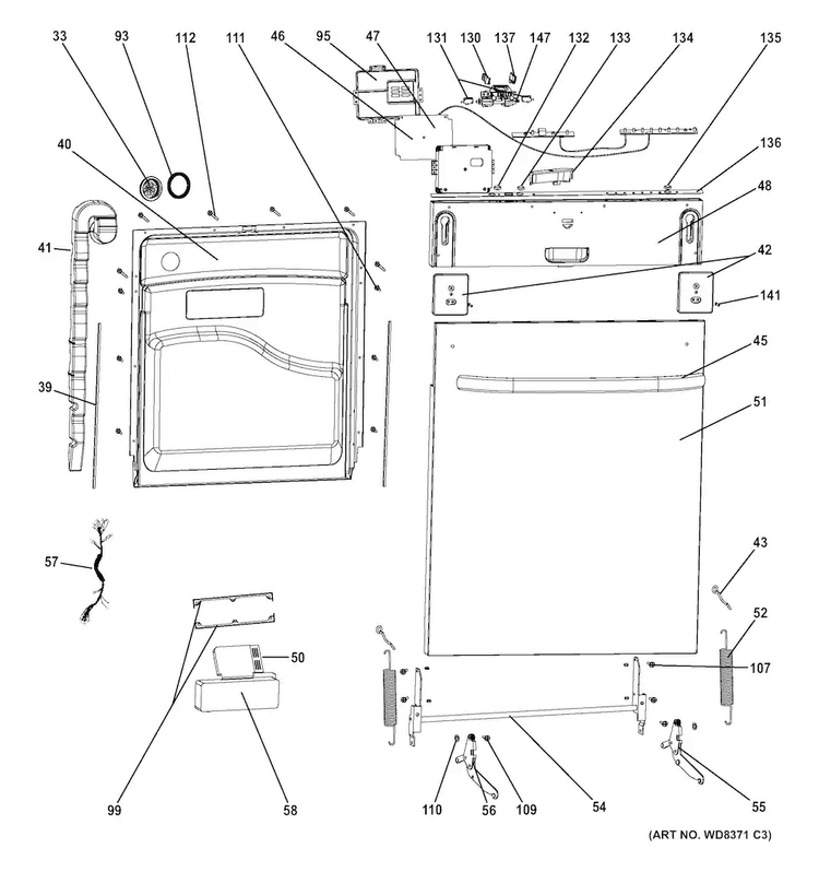 Escutcheon & Door Assembly Diagram and Parts List for GLDT696D02SS  General Electric Dishwasher