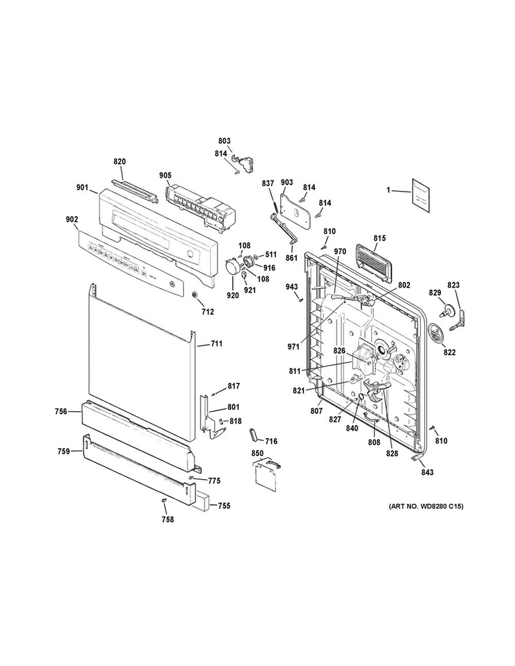 Escutcheon & Door Assembly Diagram and Parts List for GSD4000D45WW  General Electric Dishwasher
