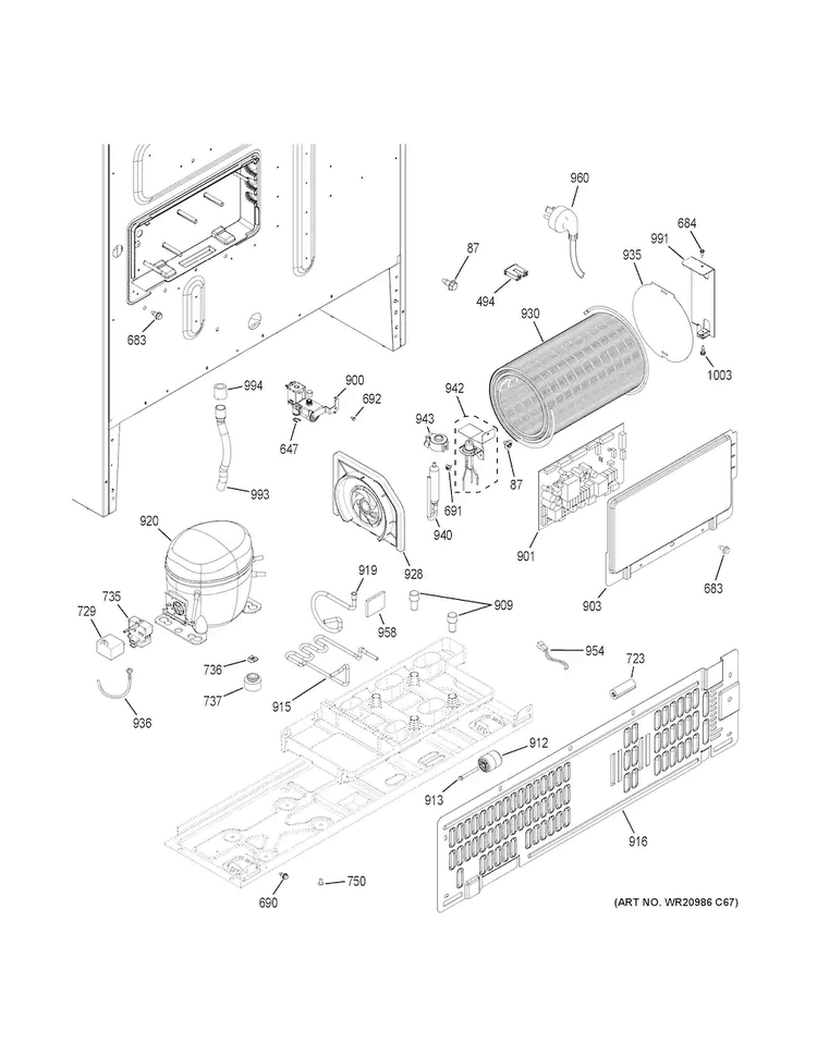 Machine Compartment Diagram and Parts List for CYE22TSHPSS  General Electric Refrigerator