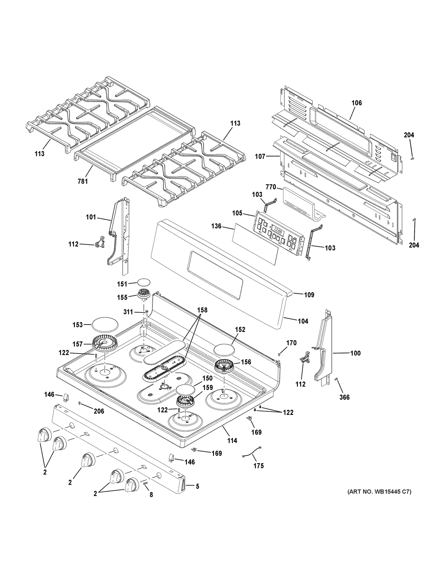 CONTROL PANEL & COOKTOP Diagram and Parts List for JGB700SEJ4SS  General Electric Range