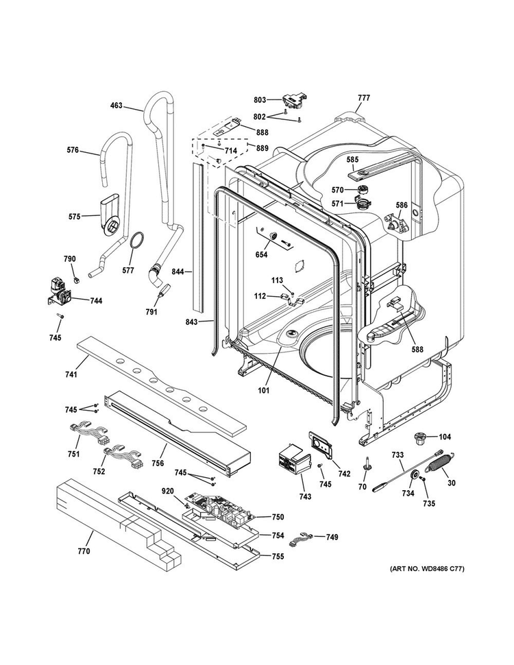 Body Parts Diagram and Parts List for GDT635HGJ2WW  General Electric Dishwasher