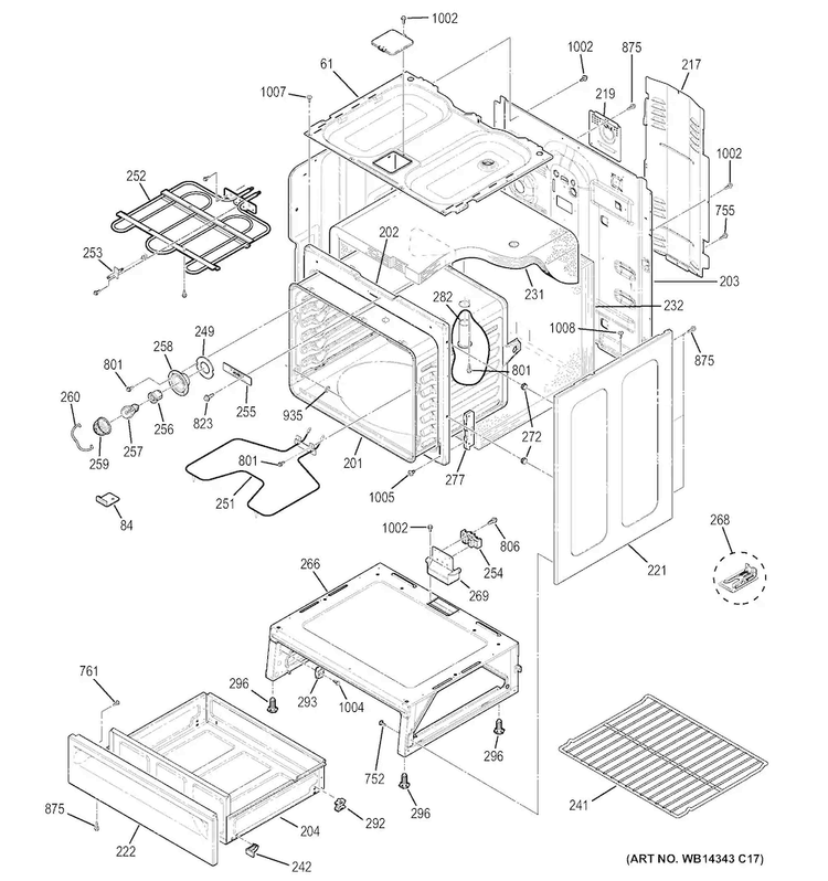 Body Parts Diagram and Parts List for JB250GF3SA  General Electric Range