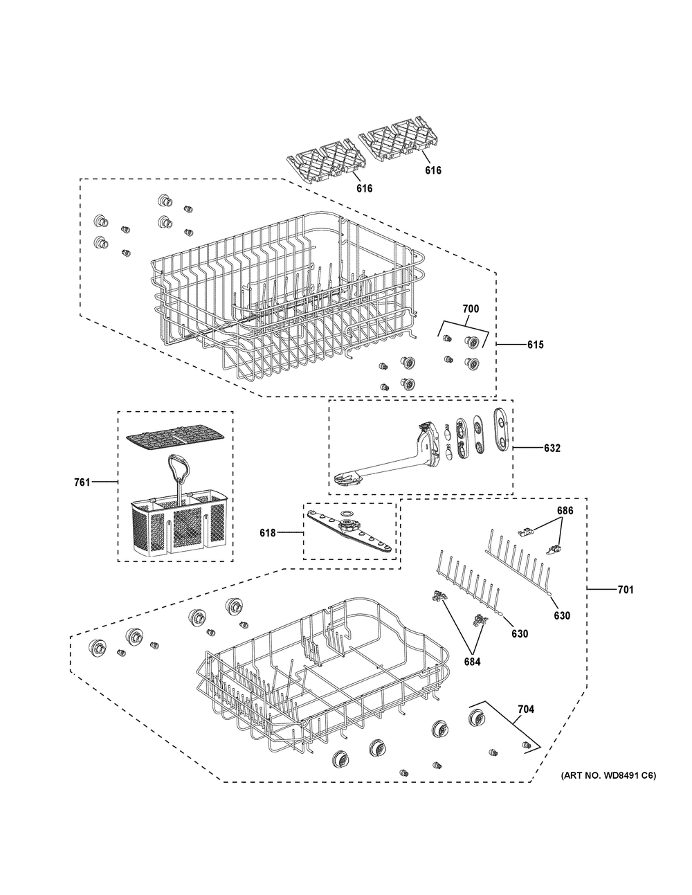 Rack Assemblies Diagram and Parts List for GPT145SSL1SS  General Electric Dishwasher
