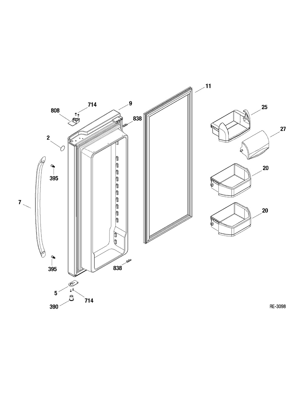 Ff Door Right Diagram and Parts List for JCB830SF2SS  General Electric Refrigerator