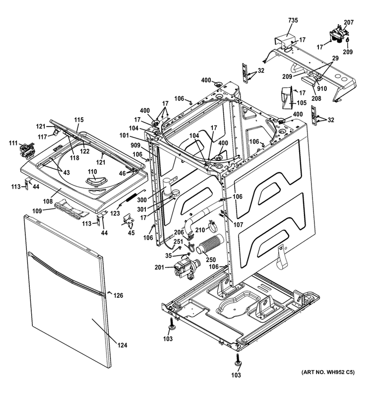 Cabinet Diagram and Parts List for GTUP240GM6WW  General Electric Washer Dryer Combo