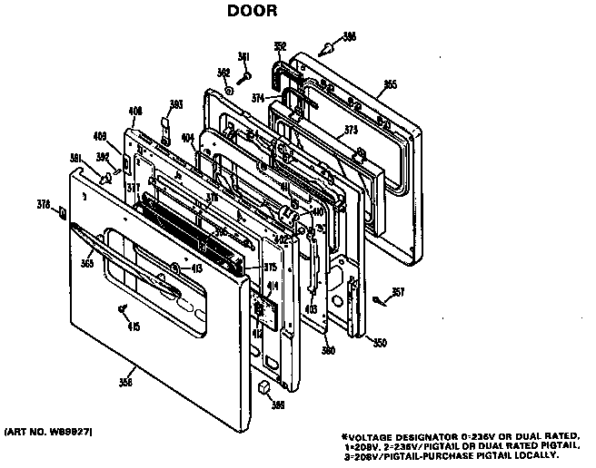 Door Diagram and Parts List for JKP07*D2  General Electric Wall Oven