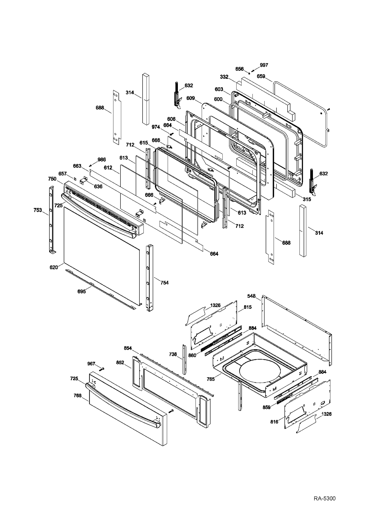 DOOR & DRAWER Diagram and Parts List for JCB870DF1WW  General Electric Range