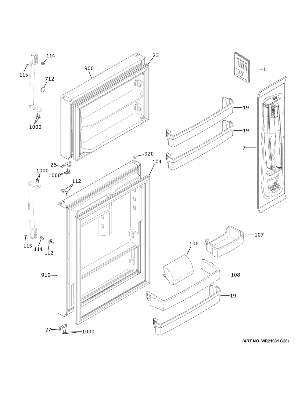Doors Diagram and Parts List for GTS22KYNDRFS  General Electric Refrigerator
