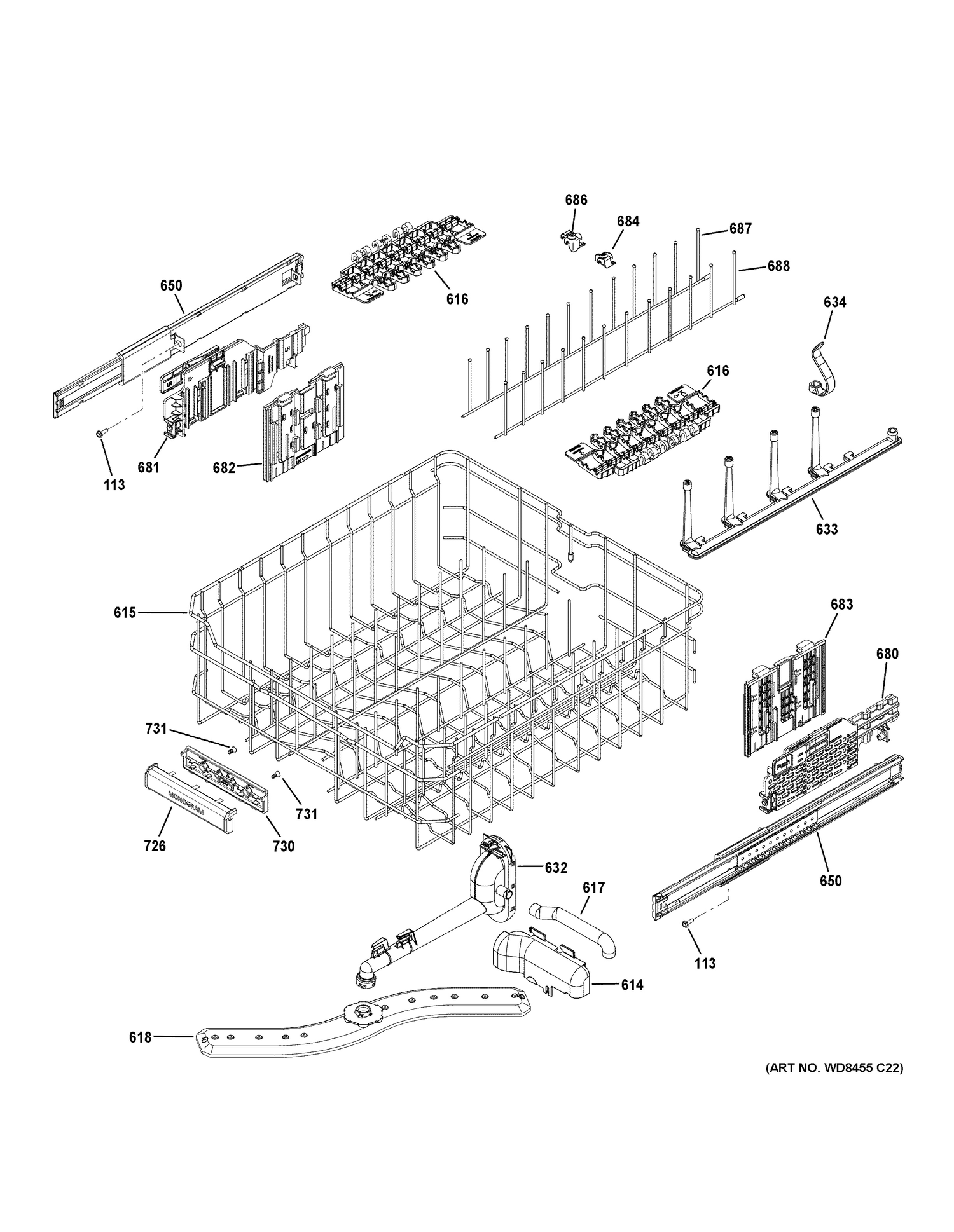 UPPER RACK ASSEMBLY Diagram and Parts List for ZDT915SSJ2SS  General Electric Dishwasher