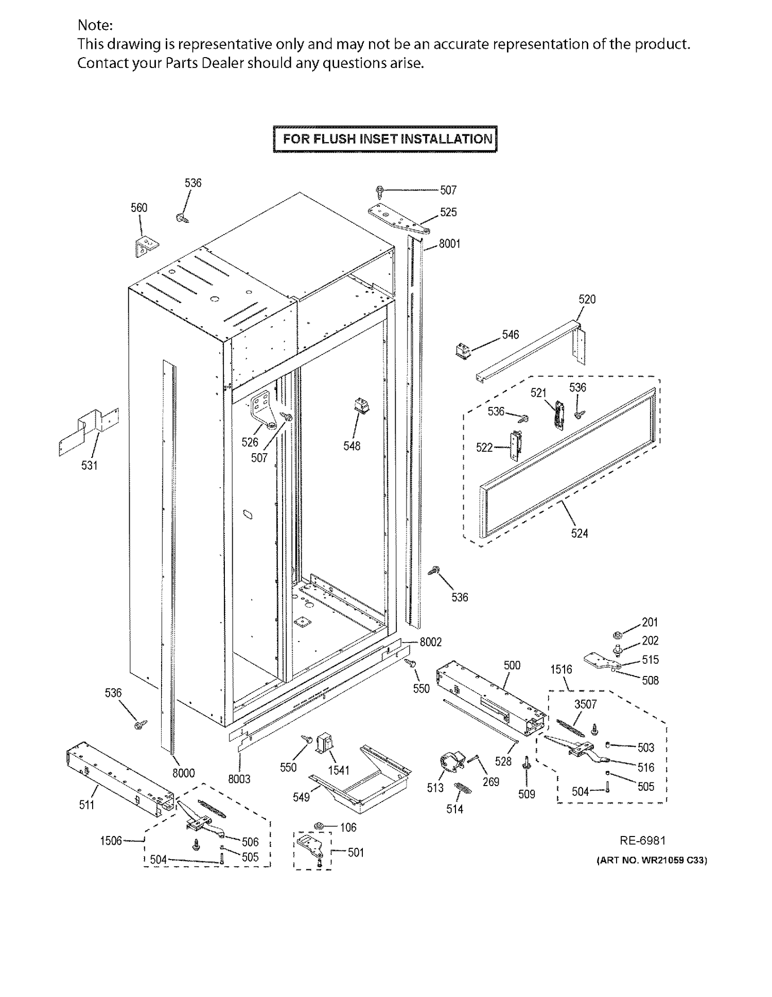 CASE PARTS - FLUSH INSET Diagram and Parts List for ZISB360DKB  General Electric Refrigerator
