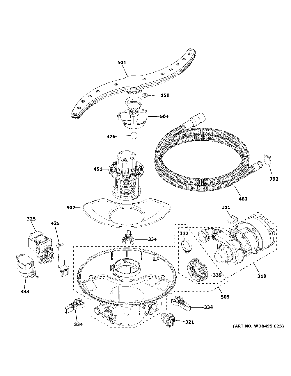 Motor, sump & filter assembly Diagram and Parts List for GDT645SFN2DS  General Electric Dishwasher