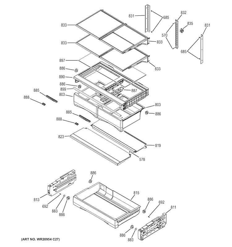Fresh Food Shelves Diagram and Parts List for GFE26GGHFWW  General Electric Refrigerator