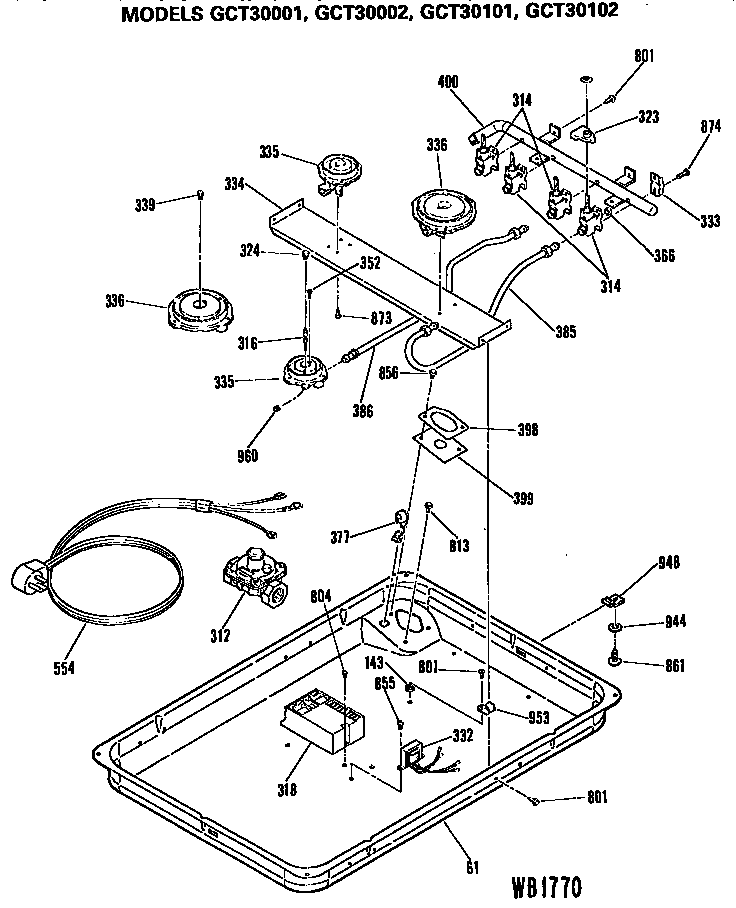 Burner Assembley Diagram and Parts List for GCT30101  General Electric Cooktop