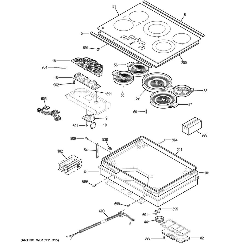 Control Panel & Cooktop Diagram and Parts List for PP9030SJ1SS  General Electric Cooktop