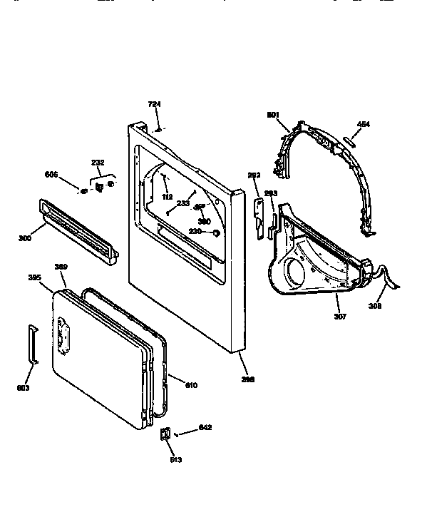 Cabinet Front Diagram and Parts List for DBLR333T0WW  General Electric Dryer