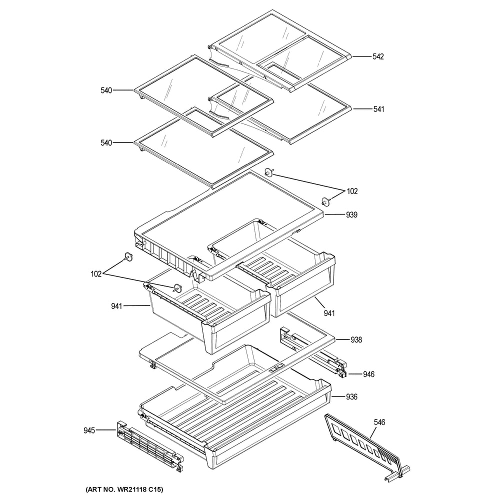Fresh Food Shelves Diagram and Parts List for GFE24JYKJFFS  General Electric Refrigerator