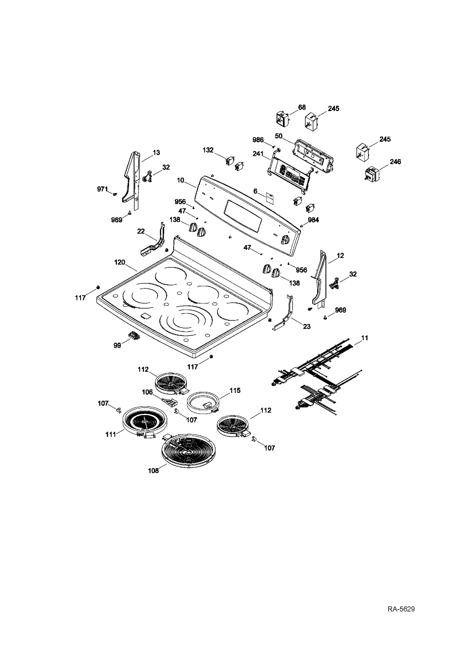 CONTROL PANEL & COOKTOP Diagram and Parts List for PCB910SF1SS  General Electric Range