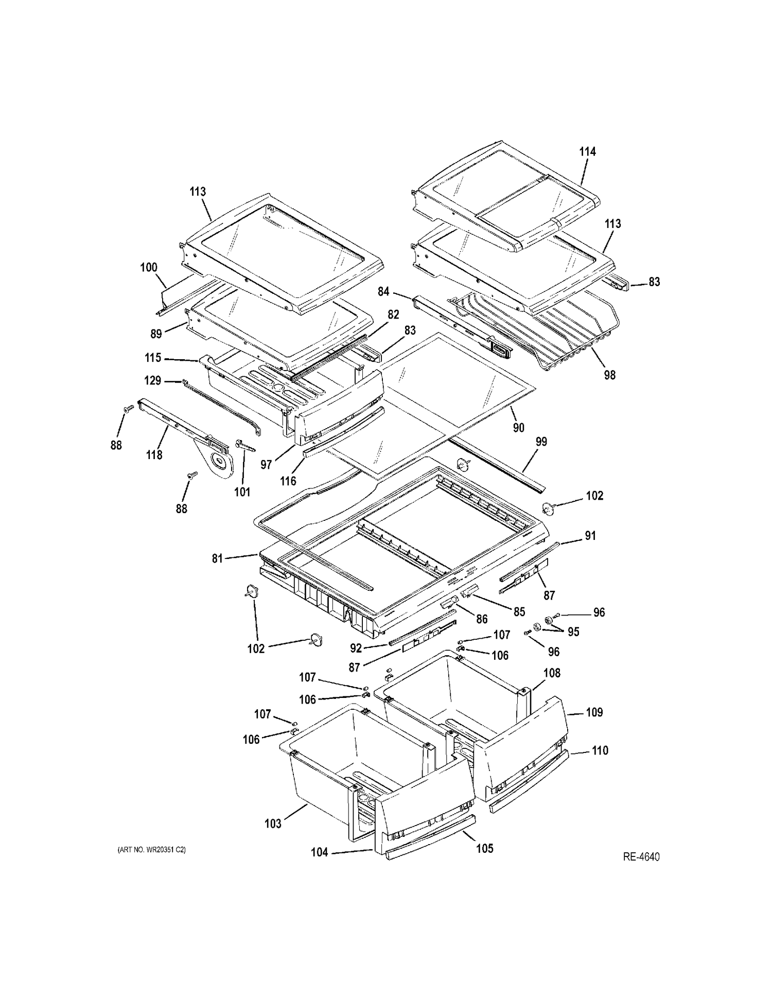 SHELVES Diagram and Parts List for PFSF0MZFWW  General Electric Refrigerator
