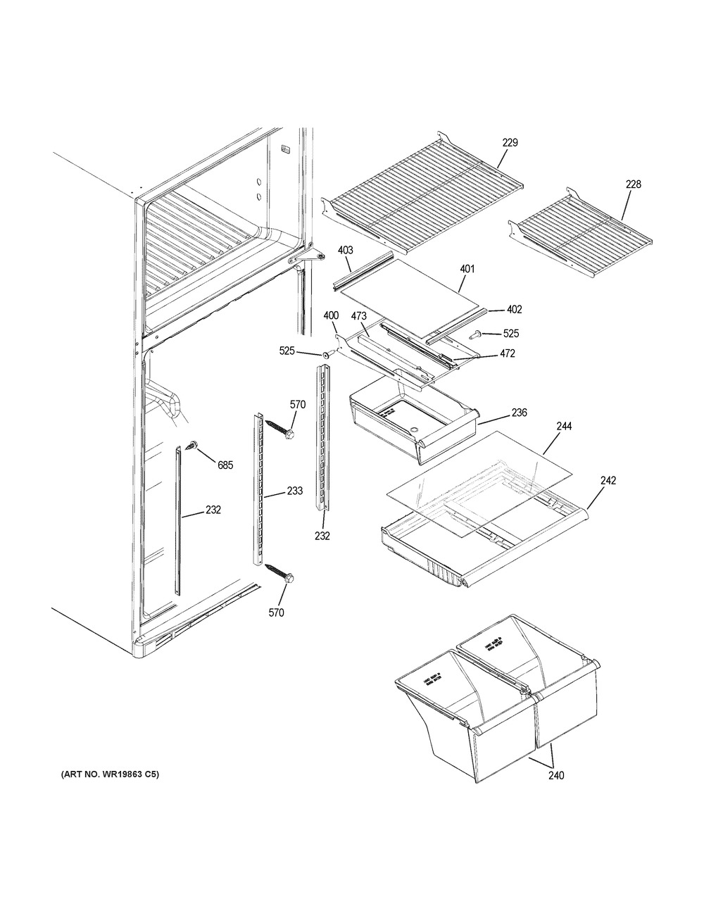 Fresh Food Shelves Diagram and Parts List for GIE18ETHMRWW  General Electric Refrigerator
