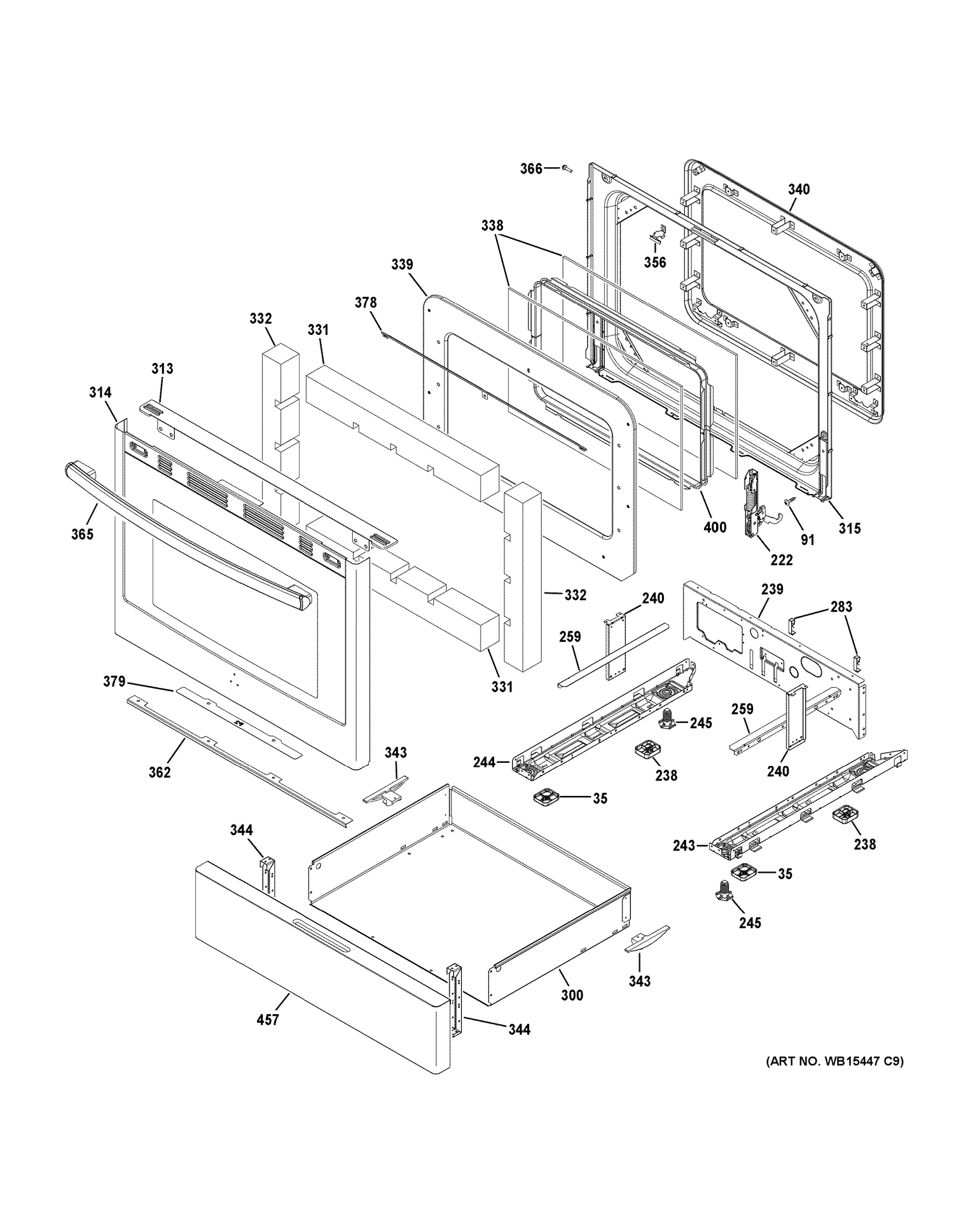 DOOR & DRAWER PARTS Diagram and Parts List for JGB660EEJ3ES  General Electric Range
