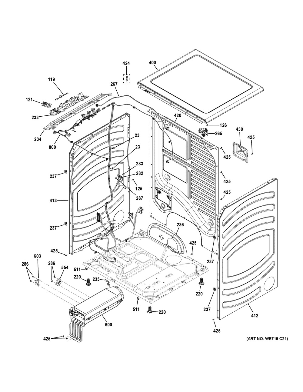 Cabinet And Top Panel Diagram and Parts List for GFD65ESPV0DS  General Electric Dryer