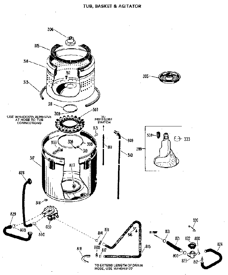 Tub/basket And Agitator Diagram and Parts List for WW8318LAL  General Electric Washer