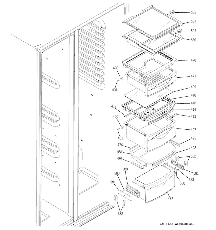 Fresh Food Shelves Diagram and Parts List for PZS25KSECFSS  General Electric Refrigerator
