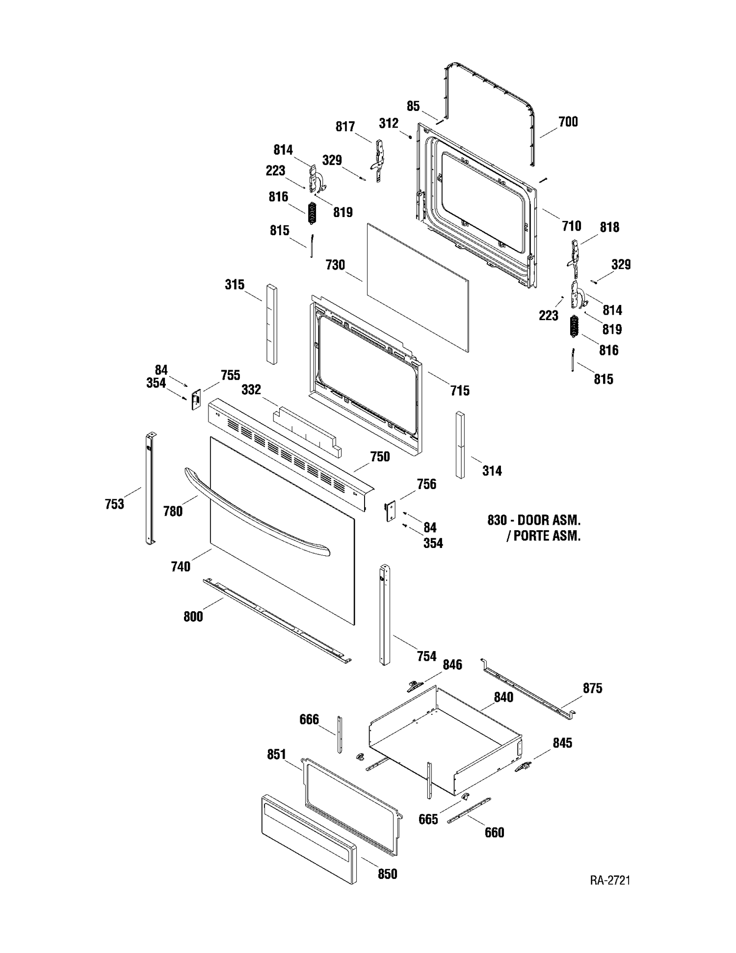 DOOR & DRAWER Diagram and Parts List for JCBS64DM2WW  General Electric Range