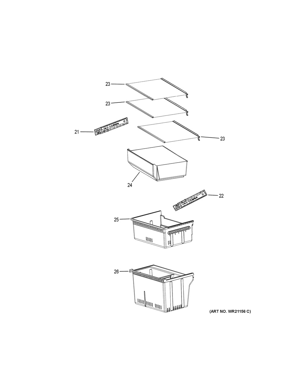 Shelves & Drawers Diagram and Parts List for HRF15N3AGAS  General Electric Refrigerator