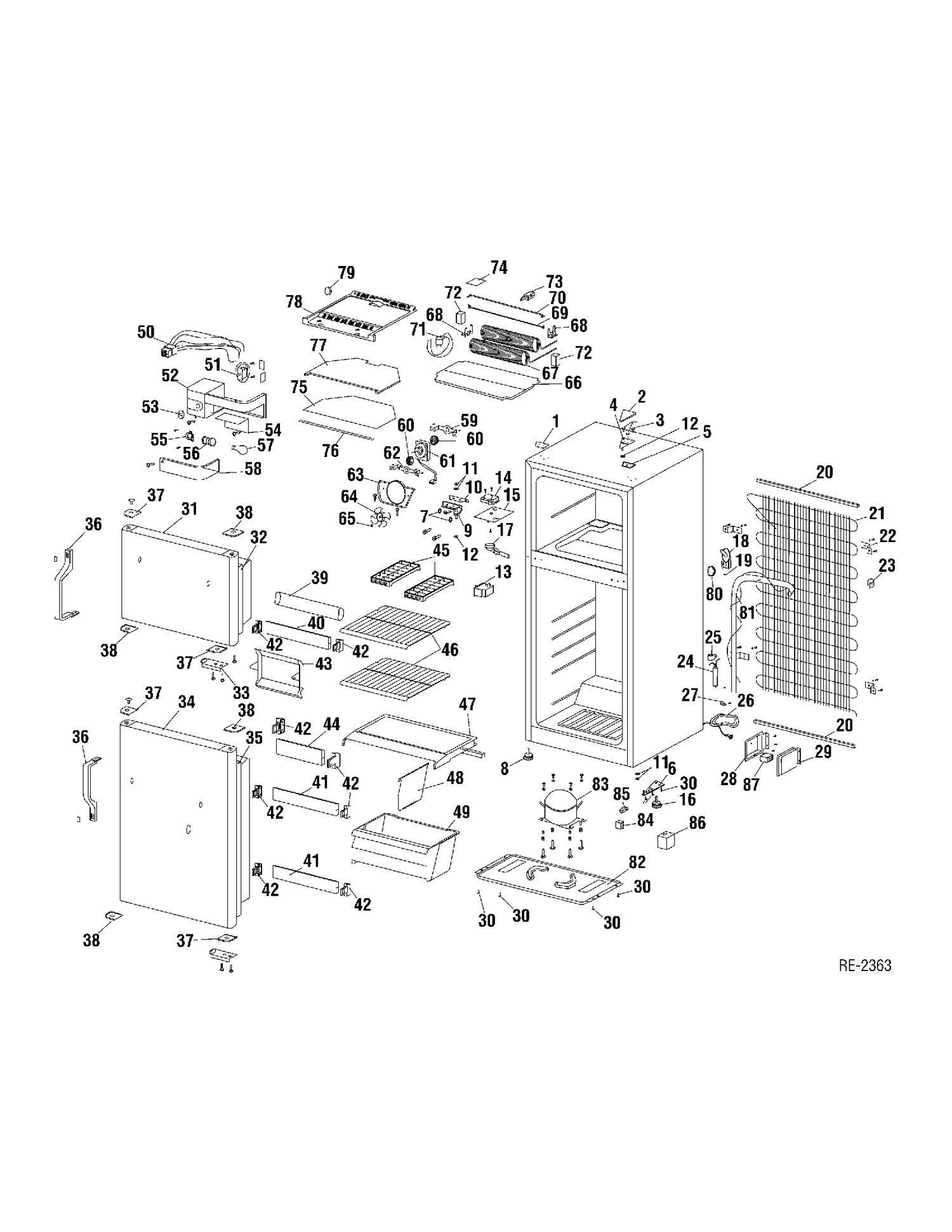 COMPLETE REFRIGERATOR Diagram and Parts List for GTS12BBPALWWC  General Electric Refrigerator