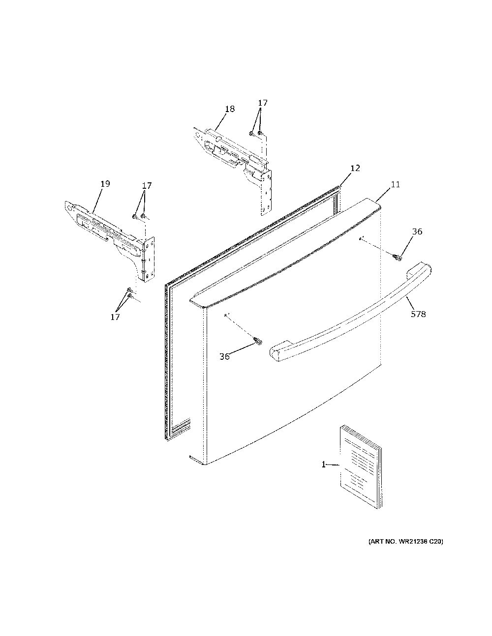 Freezer Door Diagram and Parts List for GWE19JMLXFES  General Electric Refrigerator