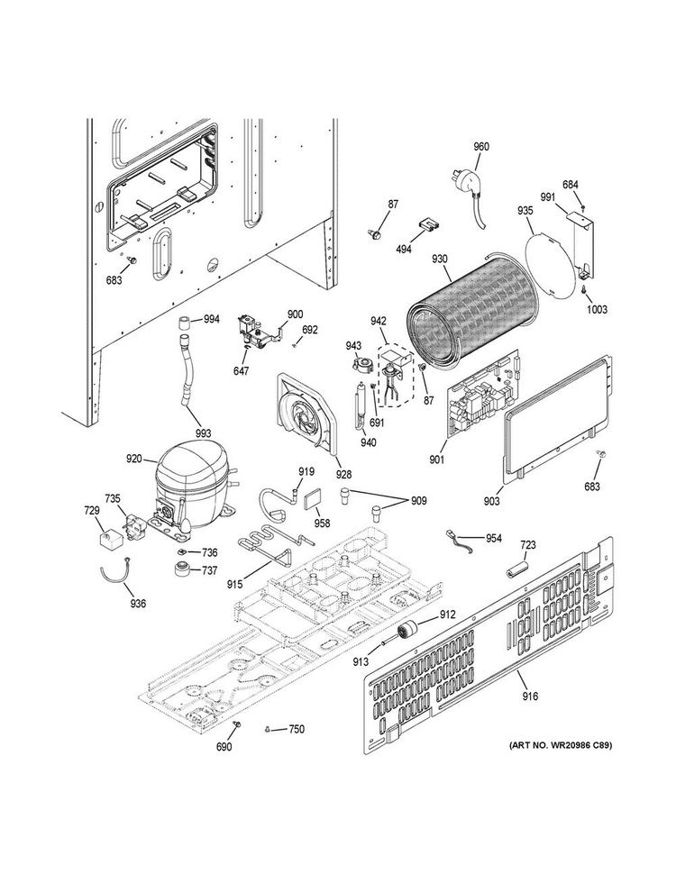 Machine Compartment Diagram and Parts List for CFE28TSHMSS  General Electric Refrigerator