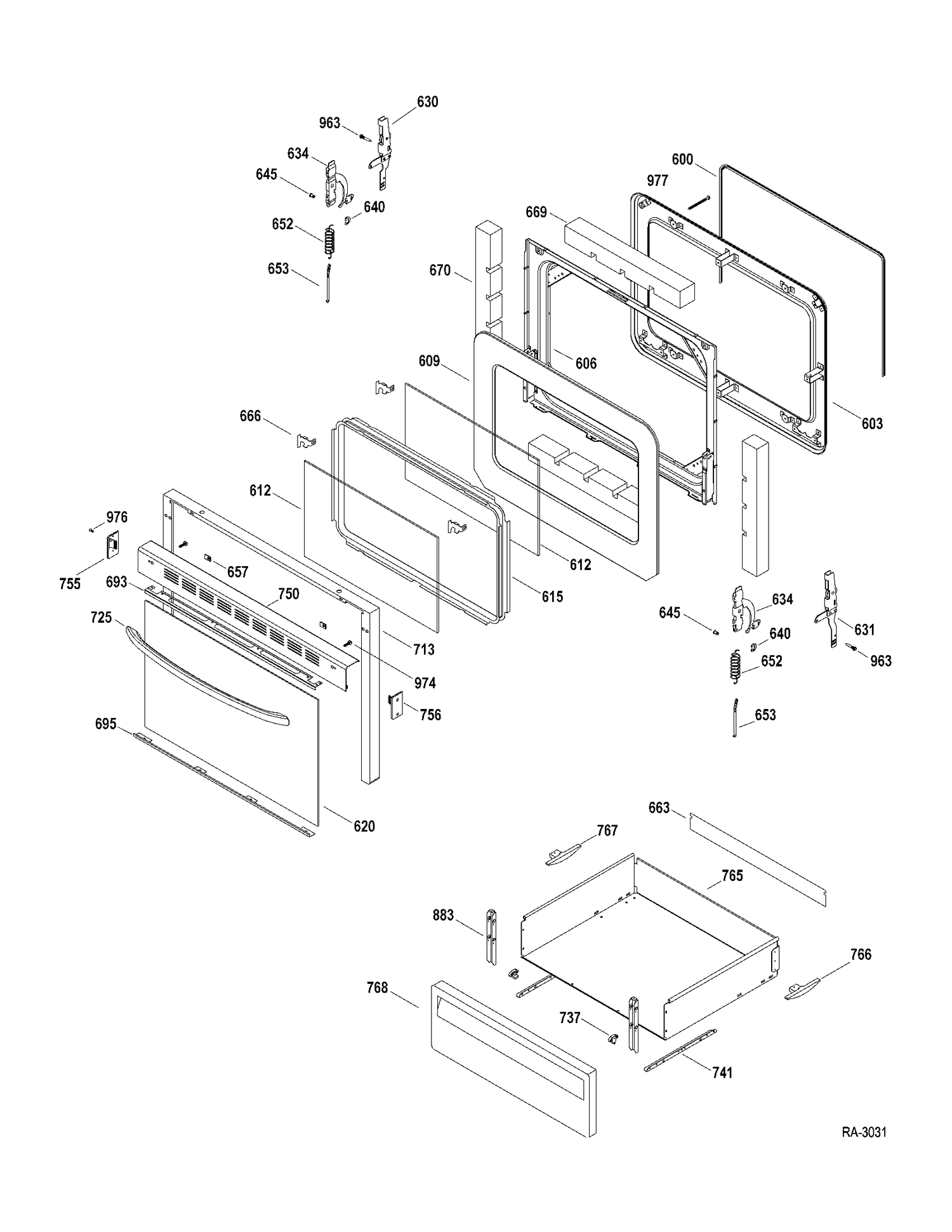 DOOR & DRAWER Diagram and Parts List for 147212  General Electric Range