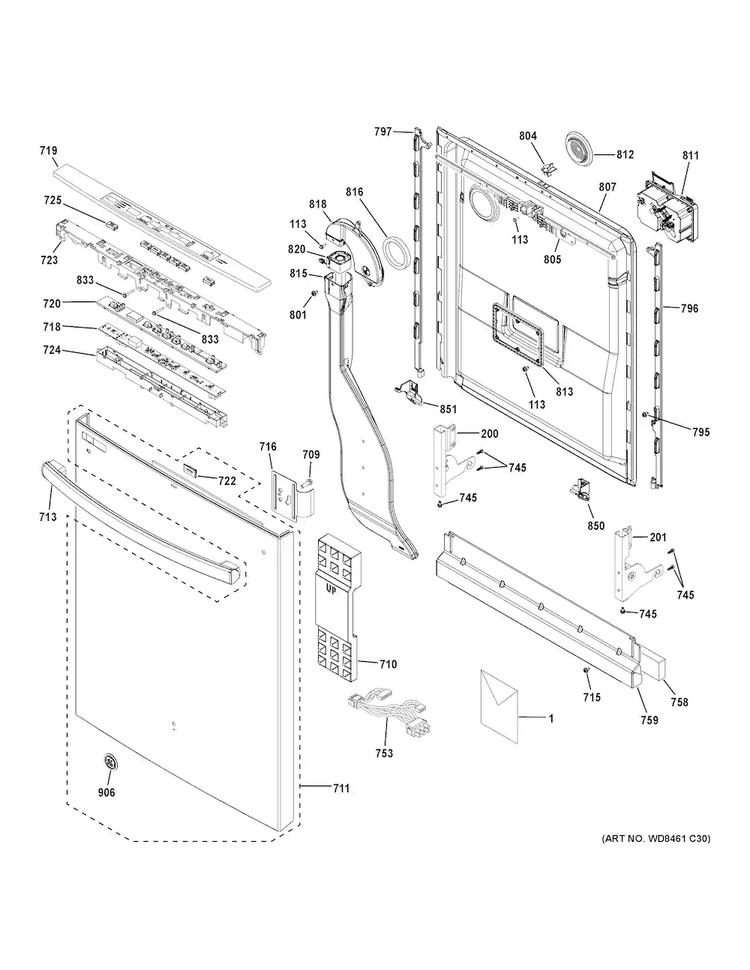 Escutcheon & Door Assembly Diagram and Parts List for DDT595SGJ0BB  General Electric Dishwasher