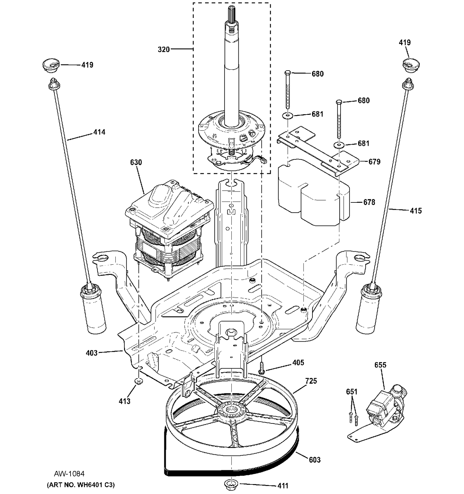 SUSPENSION, PUMP & DRIVE COMPONENTS Diagram and Parts List for HTAP1100F1WW  General Electric Washer