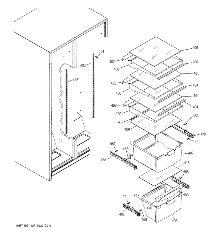 Fresh Food Shelves Diagram and Parts List for GSS20ESHCSS  General Electric Refrigerator